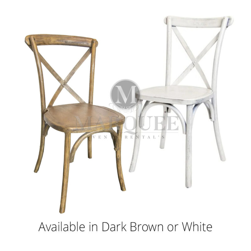 Crossback wooden chairs available in dark brown or white