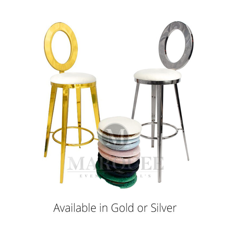 Oz Silver barstools available in gold or silver frame