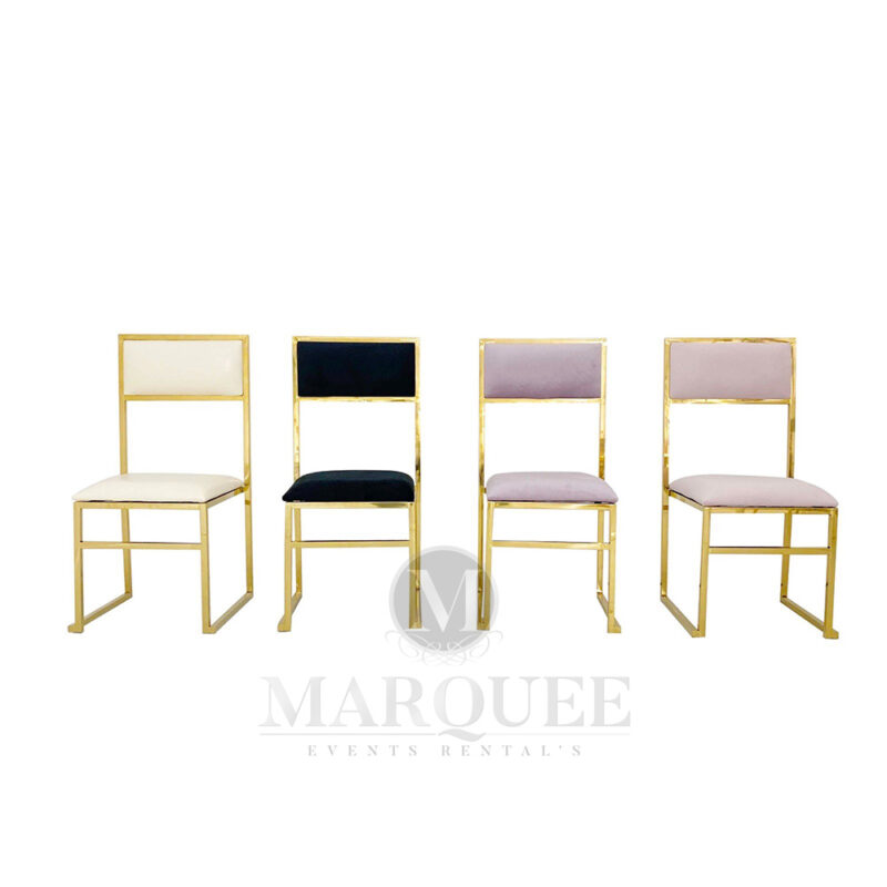 Bella gold frame dining chairs in assorted colors. White, Black, Lilac, and Pink.