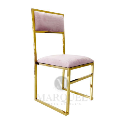 Bella gold frame dining chairs with lilac velvet.