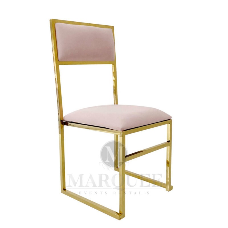 Bella gold frame dining chairs with pink velvet.