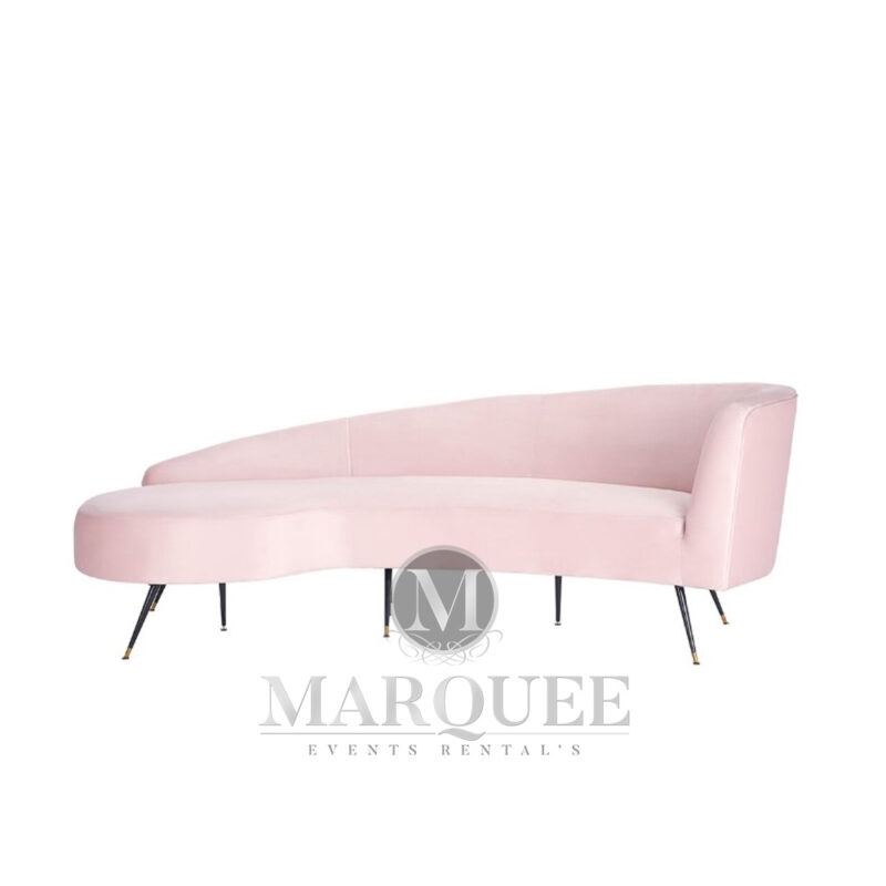 Evangeline pink velvet parisian sofa with gold-legs.