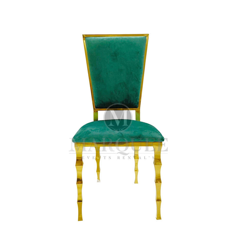 Sofia gold dining chairs in emerald green velvet