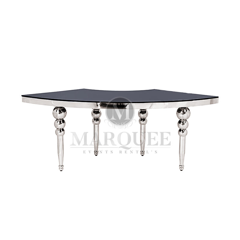 Serpentine silver table black glass top